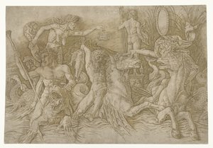 海馬に乗ったサテュロスと竜の背に立つ老婆の戦い 海神の戦い 作： Andrea Mantegna