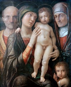 聖エリザベスと洗礼者聖ヨハネの子を持つ聖家族、c1495-1500 作： Andrea Mantegna
