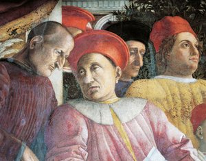 ルドヴィコ・ゴンザーガとカウンセラーのマルシリオ・アンドレアシ、「宮廷の壁」より詳細 作： Andrea Mantegna