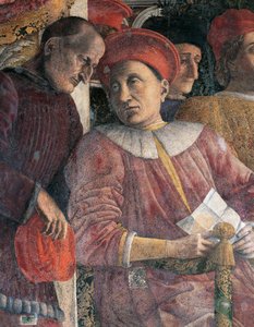 ルドヴィコ・ゴンザーガと顧問弁護士マルシリオ・アンドレアージ、アンドレア・マンテーニャ（1431-1606）作の宮廷壁の細部、フレスコ画、サン・ジョルジョ城、婚礼の間（カメラ・ピッタ）、マントゥア 作： Andrea Mantegna