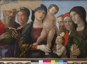 マドンナと子供、聖ヨハネ、アレクサンドリアの聖カタリナと他の聖者、1480-88 作： Andrea Mantegna