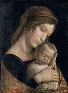 アンドレア・マンテーニャ（1431-1506）作「聖母と眠る子」、糊付けテンペラ、リネン、43x32cm 作： Andrea Mantegna