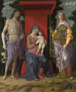 マドンナとチャイルド、洗礼者ヨハネ、マリアマグダレナ。おそらく1490-1505 作： Andrea Mantegna