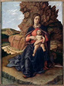 洞窟の聖母 - パネルにテンペラ 作： Andrea Mantegna