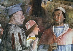 マントヴァのルドビコゴンザガ3世は、1444-78年に息子のフランチェスコゴンザガ枢機卿に挨拶しました。 作： Andrea Mantegna