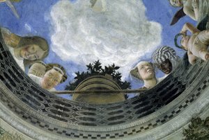 配偶者の家の天井のオクルス、イタリア、マントヴァの公爵宮殿 (Camera degli Sposi、ドゥカーレ宮殿、マントヴァ): 寓意的な人物とプッティの詳細。 アンドレア・マンテーニャ作のフレスコ画 (1431-1506) 作： Andrea Mantegna