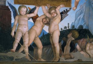 献身的な飾りを持っている蝶の羽のあるプッティ（詳細）。 1465-74 作： Andrea Mantegna