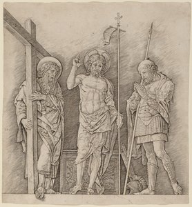聖アンデレとロンギヌスの間で復活したキリスト 作： Andrea Mantegna