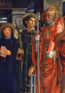 サンゼノ祭壇。右側のディテール。 1457-1460。詳細には、カバのオーガスティン、ローマのローレンティウス、およびヌルシアのベネディクトが示されています。 作： Andrea Mantegna