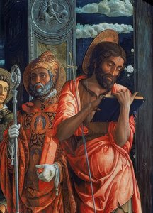 サンゼノ祭壇。右側のディテール。 1457-1460。詳細は、洗礼者ヨハネとカバのオーガスティンを示しています 作： Andrea Mantegna