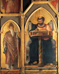 机に向かう聖ルカと聖プロストキムス、アンドレア・マンテーニャ（1431-1506）の「聖ルカの祭壇画」からの細部、木にテンペラ 作： Andrea Mantegna