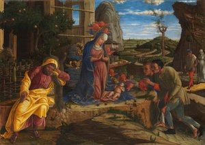 羊飼いたちの崇拝、c.1450（キャンバス上のテンペラ、木から移された） 作： Andrea Mantegna