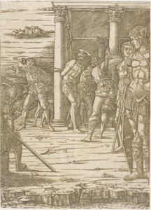 風景の背景を持つキリストの鞭打ち 作： Andrea Mantegna