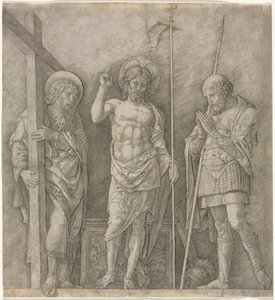 聖アンドリューとロンギヌスの間の復活したキリスト 作： Andrea Mantegna