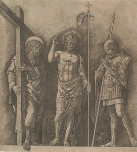 セントアンドリューとセントロンギヌスの間の復活したキリスト1472年。 作： Andrea Mantegna