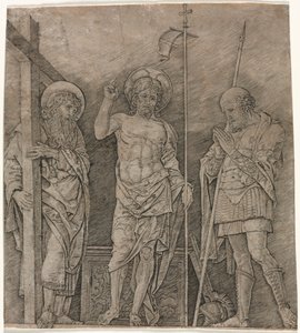 聖アンドリューとロンギヌスの間の復活したキリスト 作： Andrea Mantegna