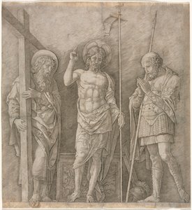 聖アンドリューとロンギヌスの間の復活したキリスト 作： Andrea Mantegna