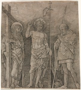 セントアンドリューとロンギヌスの間の復活したキリスト、1470年代初頭。 作： Andrea Mantegna