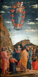 上昇する様子。アンドレア・マンテーニャ(1431-1506)による1460年の絵画。86x42,5cm。Firenze, Galleria degli Uffizi.- アンドレア・マンテーニャ(1431-1506)作「キリストの昇天」。木にテンペラ、86x42.5cm 作： Andrea Mantegna