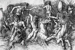 アンドレア・マンテーニャ（1431-1506）の「海の神々の戦い」、エングレーヴィング。詳細 作： Andrea Mantegna