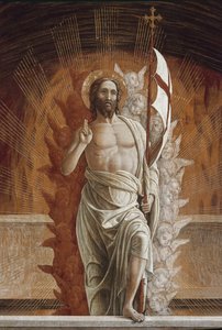 復活したイエス・キリスト。サン・ゼーノの祭壇画のプレデルの詳細（パネルにテンペラ 作： Andrea Mantegna