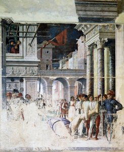 聖クリストファーの斬首体の輸送、聖クリストファーの殉教の詳細 作： Andrea Mantegna