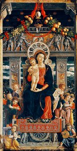 アンドレア・マンテーニャ（1431-1506）作「サン・ゼーノの祭壇画」の中央部分からのディテール「戴冠した聖母」、木材、220x115cm、ヴェローナのサン・ゼーノ大聖堂 作： Andrea Mantegna