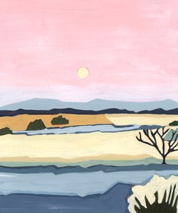 ヴィラクーリのピンクの夕日、2023年（アクリル、紙） 作： Andrea Mejia