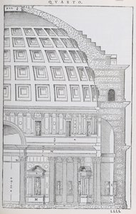 パンデオンの断面図、最初に1570年に出版された、Palladioによって書かれた「I Quattro Libri dell&39;Architettura」のファクシミリコピーからの図 作： Andrea Palladio