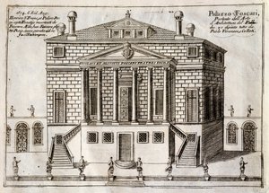 Andrea Palladio (1508-1580)が設計した「La Malcontenta, Mira」として知られるVilla Foscariのメインファサード、Vincenzo Coronelli (1650-1718)の「Along Brenta Canal, almost borough of the city of Venice」からの抜粋、Venice 作： Andrea Palladio