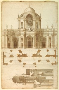 サン ジョヴァンニ、ラテラーノ、ローマ、イタリアのファサードの立面図、断面図、および計画案 作： Andrea Pozzo