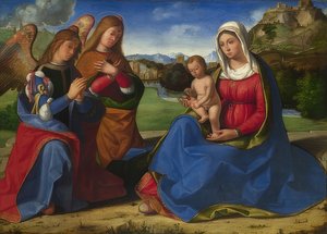 マドンナとチャイルドが二人の天使に憧れています。 1505年頃 作： Andrea Previtali