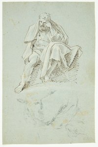 左手に頭を置いて座っている男性。 使徒？ 作： Andrea Sacchi
