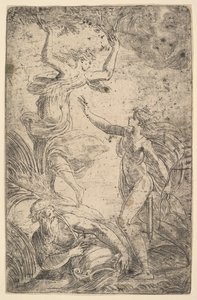 右のアポロが左のダフネを追いかけている弓を持っている。 1538-40。 作： Andrea Schiavone