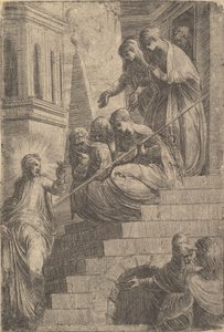 キリストは、階段に座って立っている女性のグループを演説しています。 1541-44。