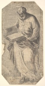 大きな開いた本を持ち、鍵を脇に置いている聖ペテロ、『キリストと使徒』より。 1548-50。