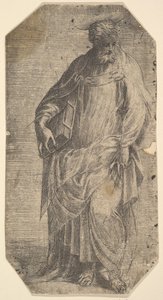 「キリストと使徒」の本を右腕に抱えて立つ聖フィリッポス。 1548-50。 作： Andrea Schiavone