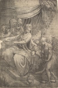 右から花が近づく天使、聖家族。 1550-53。 作： Andrea Schiavone