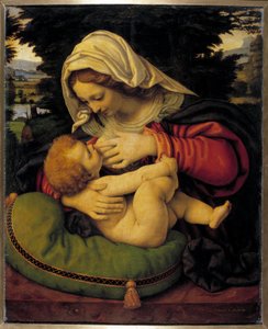 アンドレア・ソラリオ (1460-1522) による緑のクッションの絵を持つ聖母 15 世紀の日曜日。 0.59x0.47メートル