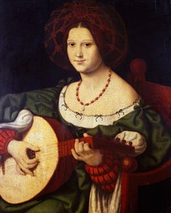 リュート奏者、Andrea Solario (ca 1465-1524) 作、キャンバスに油彩、64x52 cm。 イタリア 作： Andrea Solario