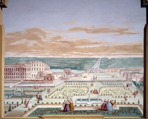 アンドレア・ウルバーニ（1711-1798）によるヴェネト州ストラのヴィラ・ピサーニのフレスコ画「別荘と想像上の庭の透視図イタリア 作： Andrea Urbani