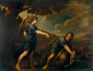 天使とトビアスと魚 - Andrea Vaccaro (1604-1670) 作、キャンバスに油彩 (199.5x262 cm)、1640 年頃、イタリア美術 作： Andrea Vaccaro