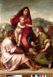 マドンナ・デッラ・スカラ天使のいる聖家族アンドレア・デル・サルト（1486-1531）作画 1522-1523日1,77x1,35 m マドリード、プラド美術館 作： Andrea del Sarto