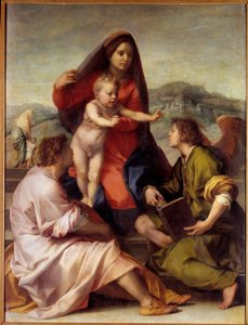 マドンナ・デッラ・スカラ天使のいる聖家族アンドレア・デル・サルト（1486-1531）作画 1522-1523日1,77x1,35 m マドリード、プラド美術館 作： Andrea del Sarto