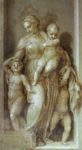 アンドレア・デル・サルト（1486-1530）作「聖ヨハネの物語」より「慈善行為の表現」、モノクロのフレスコ画、フィレンツェ、スカルツォの回廊