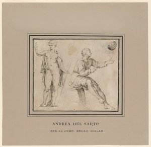 古典的なポーズの裸体図と座っている図のスケッチ 作： Andrea del Sarto