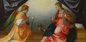 受胎告知、1528年（パネル上のテンペラ） 作： Andrea del Sarto
