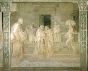 アンドレア・デル・サルト（1486-1530）作「聖母物語」より「エリザベートへの聖母の訪問」詳細、モノクロのフレスコ画、フィレンツェ、スカルツォの回廊 作： Andrea del Sarto