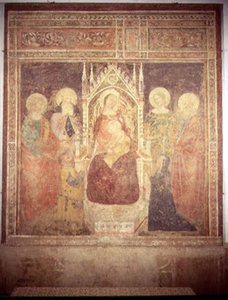 聖母子像と聖母マリアエリア、洗礼者ヨハネ、ニコラ、レオナルド（フレスコ画 作： Andrea di Bonaiuto (fl.1343 77)