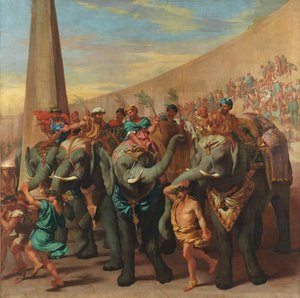 アンドレア・ディ・レオーネ（1596-1675）の「サーカスの中の象たち」。キャンバスに油彩、約1637-1640年。サイズ：229x231 cmマドリッド、プラド美術館 作： Andrea di Leone